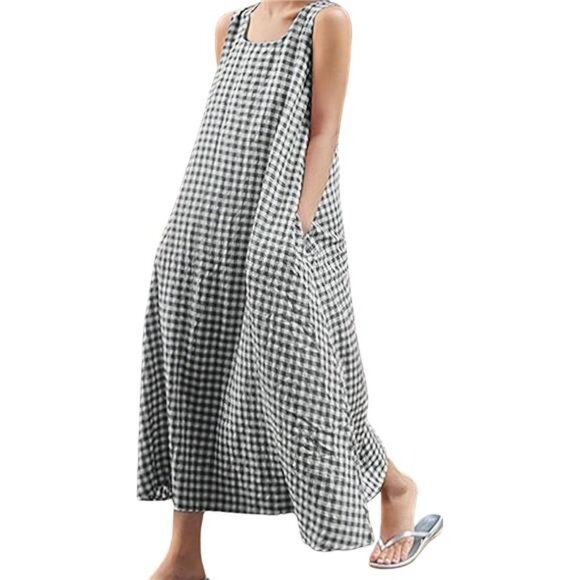 Women's Casual Loose-Fit Cotton and Linen Plaid Tank Maxi Dress - Picture 7 of 16